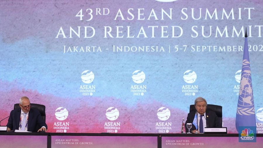 Sekretaris Jenderal (Sekjen) Perserikatan Bangsa-Bangsa (PBB) Antonio Guterres di KTT ASEAN, Kamis, (7/9/2023). (CNBC Indonesia/Tri Susilo)