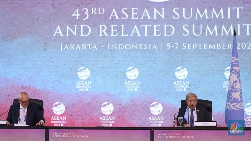 Sekretaris Jenderal (Sekjen) Perserikatan Bangsa-Bangsa (PBB) Antonio Guterres di KTT ASEAN, Kamis, (7/9/2023). (CNBC Indonesia/Tri Susilo)
