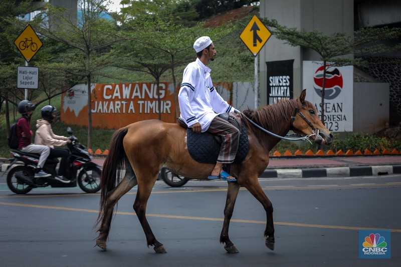 Seorang pria bernama Abdullah nampak menunggangi kuda saat melintas di Jalan Dewi Sartika, Jakarta Timur, Jumat (8/9/2023). (CNBC Indonesia/Faisal Rahman)