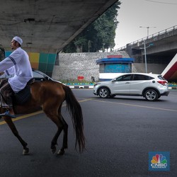 Penampakan Langka Pria Berkuda di Tengah Lalu Lintas Jakarta