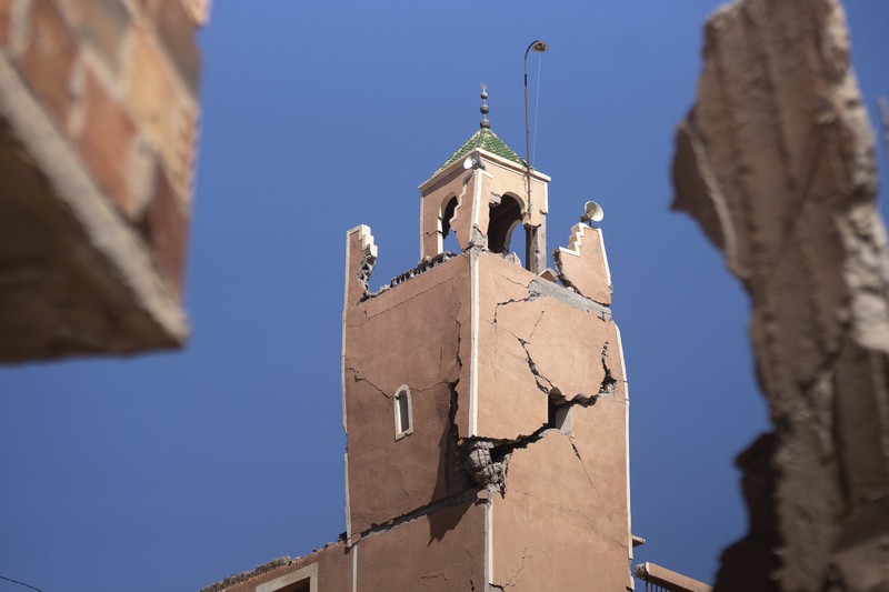MOROCCO-QUAKE/ A view shows a damaged building on the road between Amizmiz and Ouirgane, following a powerful earthquake in Morocco, September 9, 2023. REUTERS/Ahmed El Jechtimi NO RESALES. NO ARCHIVES