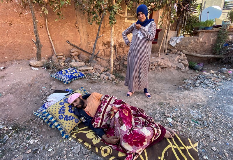 MOROCCO-QUAKE/ Residents sleep on the street in Moulay Brahim village, in the province of Al Haouz, following a powerful earthquake in Morocco, September 9, 2023. REUTERS/Nacho Doce