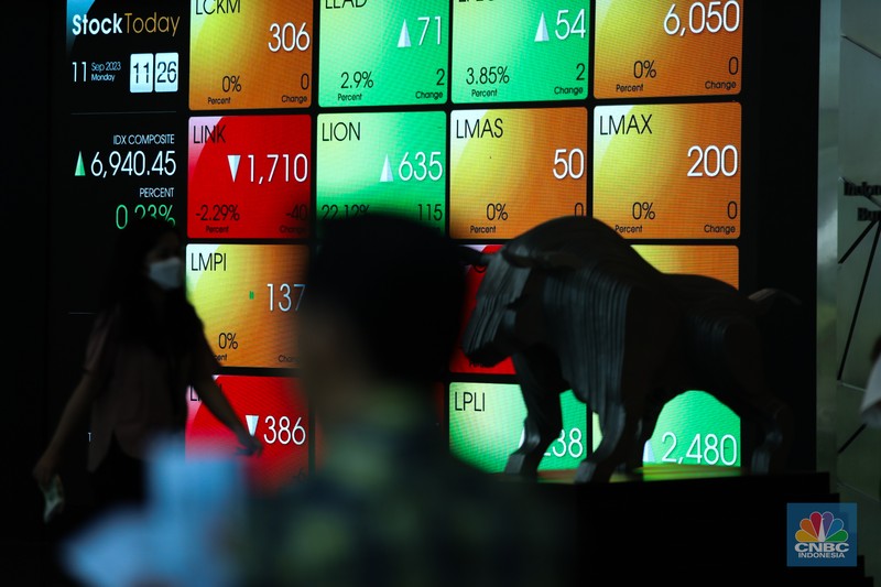 layar digital pergerakan Indeks Harga Saham Gabungan (IHSG) di Gedung Bursa Efek Indonesia, Jakarta, Senin (11/9/223). (CNBC Indonesia/Tri Susilo) layar digital pergerakan Indeks Harga Saham Gabungan (IHSG) di Gedung Bursa Efek Indonesia, Jakarta, Senin (11/9/223). (CNBC Indonesia/Tri Susilo)