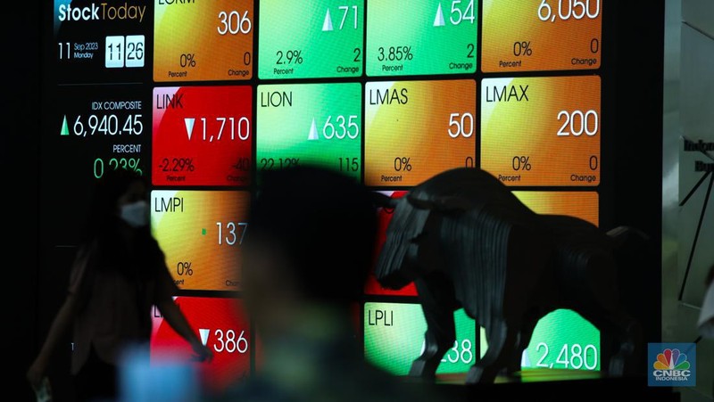 layar digital pergerakan Indeks Harga Saham Gabungan (IHSG) di Gedung Bursa Efek Indonesia, Jakarta, Senin (11/9/223). (վ/Tri Susilo)