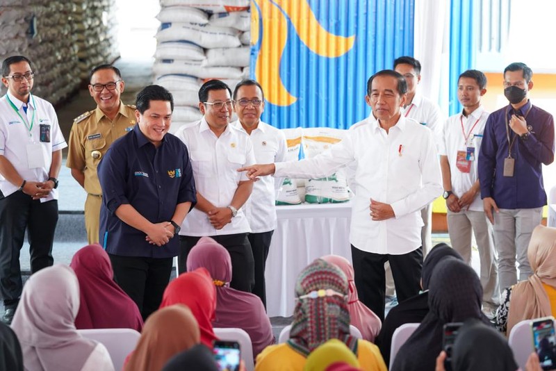 Presiden Joko Widodo meninjau langsung bantuan pangan cadangan beras pemerintah di Gudang Bulog DKI Jakarta-Banten yang berlokasi di Kelapa Gading, Senin (11/9/23). (CNBC Indonesia/Ferry Sandi)
