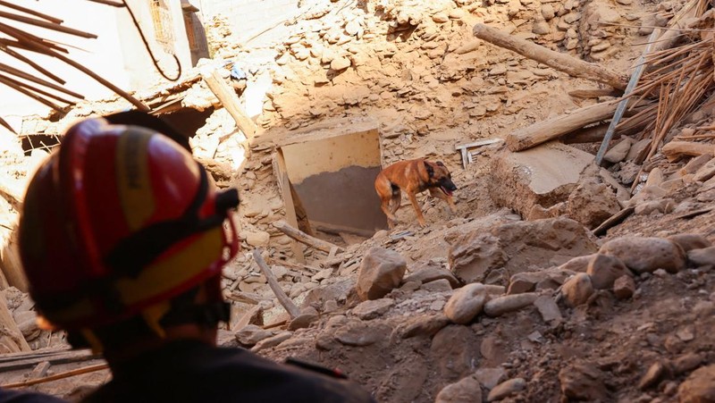 Kru darurat bekerja pasca gempa mematikan di Amizmiz, Maroko, 10 September 2023. (REUTERS/Nacho Doce)