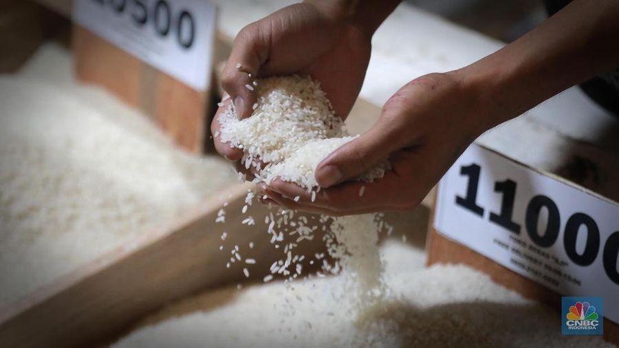 Pedagang beras melayani pembeli di Kawasan Pasar Minggu Jakarta, Selasa (12/9/2023). (CNBC Indonesia/Muhammad Sabki)