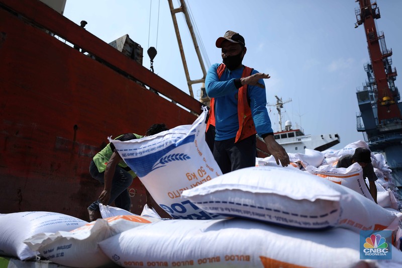 Petugas melakukan bongkar muat beras impor dari kapal Thai Binh12 asal Vietnam di Pelabuhan Tanjung Priok, Jakarta, Rabu (13/9/2023). Perum Bulog mendatangkan 21 tribun ton beras yang akan dikirim ke gudang kawasan DKI Jakarta dan Banten. (CNBC Indonesia/Tri Susilo) Petugas melakukan bongkar muat beras impor dari kapal Thai Binh12 asal Vietnam di Pelabuhan Tanjung Priok, Jakarta, Rabu (13/9/2023). Perum Bulog mendatangkan 21 tribun ton beras yang akan dikirim ke gudang kawasan DKI Jakarta dan Banten. (CNBC Indonesia/Tri Susilo)
