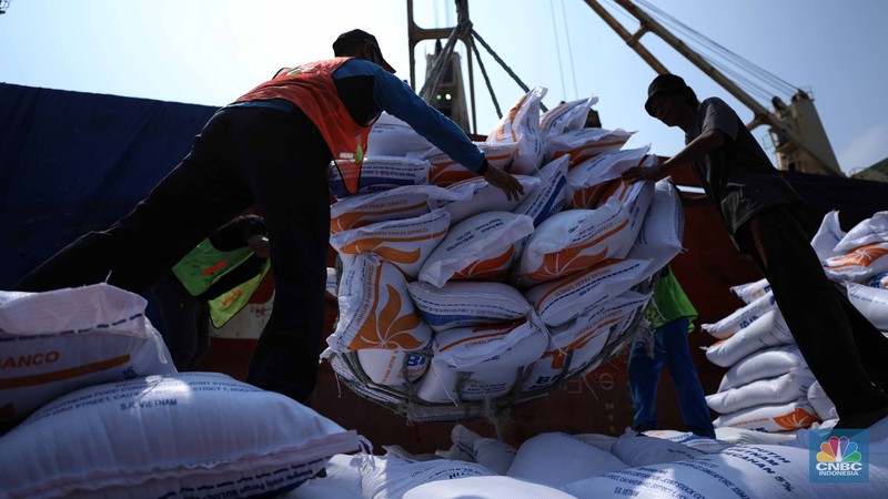 Petugas melakukan bongkar muat beras impor dari kapal Thai Binh12 asal Vietnam di Pelabuhan Tanjung Priok, Jakarta, Rabu (13/9/2023). Perum Bulog mendatangkan 21 tribun ton beras yang akan dikirim ke gudang kawasan DKI Jakarta dan Banten. (CNBC Indonesia/Tri Susilo) Petugas melakukan bongkar muat beras impor dari kapal Thai Binh12 asal Vietnam di Pelabuhan Tanjung Priok, Jakarta, Rabu (13/9/2023). Perum Bulog mendatangkan 21 tribun ton beras yang akan dikirim ke gudang kawasan DKI Jakarta dan Banten. (CNBC Indonesia/Tri Susilo)