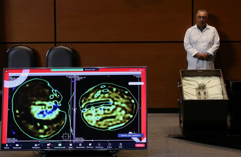 Jasad makhluk 'bukan manusia' yang diduga alien diperlihatkan saat sidang kongres di Mexico City, Selasa (12/9/2023) waktu setempat. (REUTERS/Henry Romero)