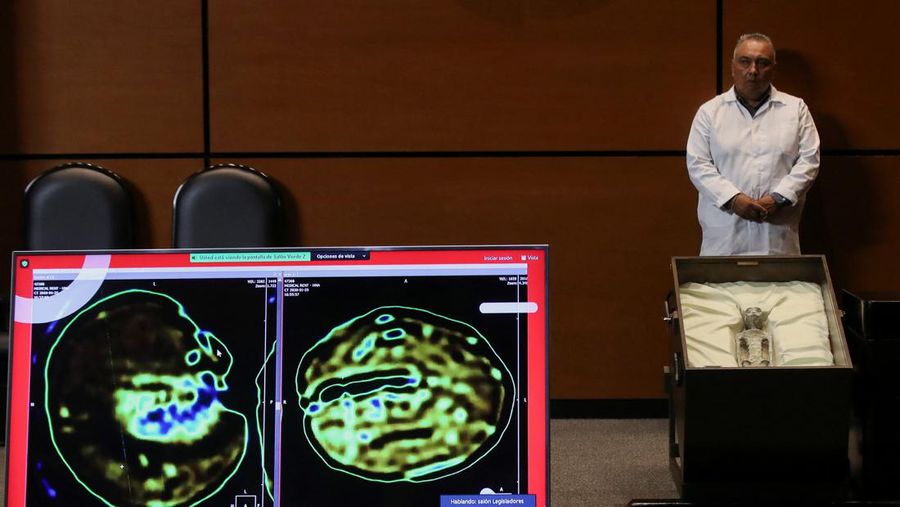 Jasad makhluk 'bukan manusia' yang diduga alien diperlihatkan saat sidang kongres di Mexico City, Selasa (12/9/2023) waktu setempat. (REUTERS/Henry Romero)