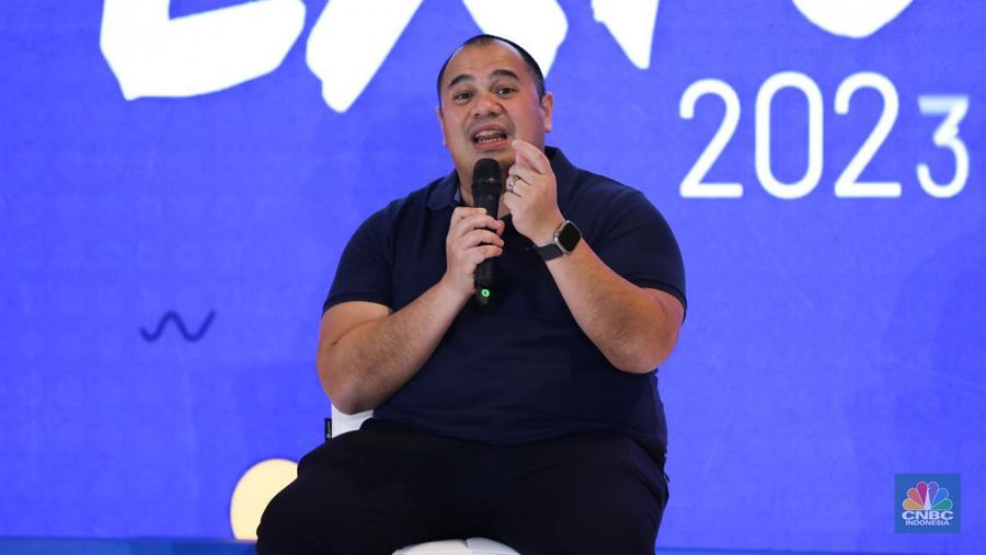 Pandu Sjahrir saat berbincang berbagi pengalaman dalam acara Investment Expo 2023 di Central Park, Jakarta, Kamis (14/9/2023). (վ/Tri Susilo)