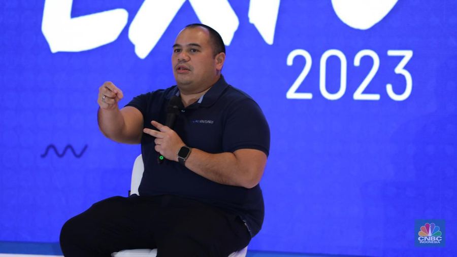 Pandu Sjahrir saat berbincang berbagi pengalaman dalam acara Investment Expo 2023 di Central Park, Jakarta, Kamis (14/9/2023). (վ/Tri Susilo)