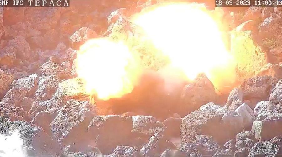 A blast is seen in the place where drone carrying explosives crashed on the Black Sea coast near the village of Tyulenovo, Bulgaria September 18, 2023 in this still image obtained from CCTV footage. Hotel Restaurant Tyulenovo/via REUTERS  THIS IMAGE HAS BEEN SUPPLIED BY A THIRD PARTY. MANDATORY CREDIT. NO RESALES. NO ARCHIVES.