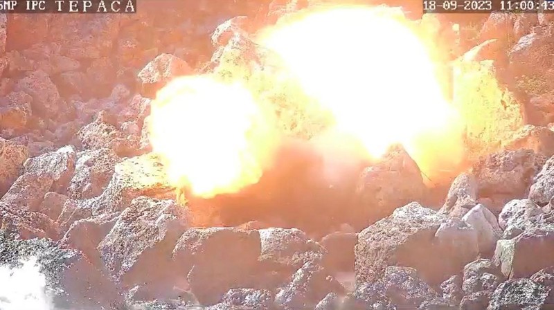 A blast is seen in the place where drone carrying explosives crashed on the Black Sea coast near the village of Tyulenovo, Bulgaria September 18, 2023 in this still image obtained from CCTV footage. Hotel Restaurant Tyulenovo/via REUTERS  THIS IMAGE HAS BEEN SUPPLIED BY A THIRD PARTY. MANDATORY CREDIT. NO RESALES. NO ARCHIVES.