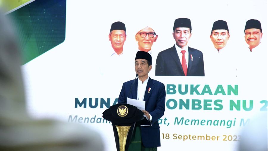 Presiden  Jokowi  secara resmi membuka Musyawarah Nasional Alim Ulama dan Konferensi Besar Nahdlatul Ulama (Munas-Konbes NU) 1445 Hijriah/2023 Masehi, Senin (18/09/2023), di Pondok Pesantren Al-Hamid Cipayung, Jakarta Timur, Jakarta. (Dok BPMI Setpres)