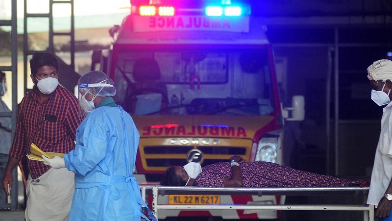 Anggota tim medis dari Kozhikode Medical College membawa sampel buah pinang dan jambu biji untuk melakukan tes virus Nipah di desa Maruthonkara di distrik Kozhikode, Kerala, India, 13 September 2023. (REUTERS/Stringer)