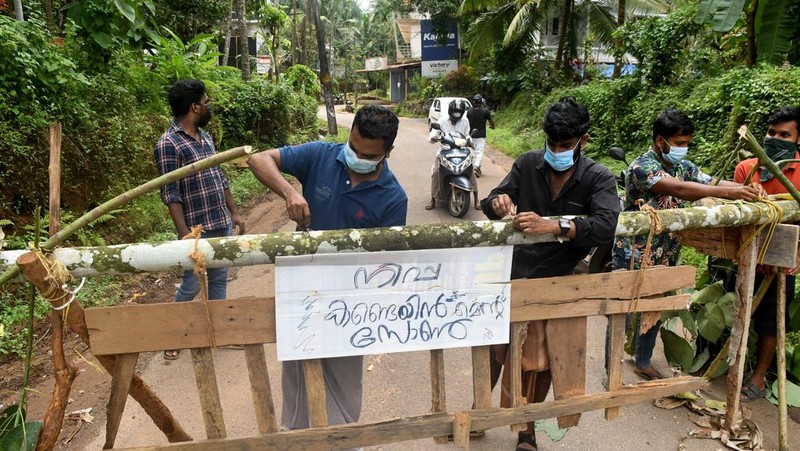 Anggota tim medis dari Kozhikode Medical College membawa sampel buah pinang dan jambu biji untuk melakukan tes virus Nipah di desa Maruthonkara di distrik Kozhikode, Kerala, India, 13 September 2023. (REUTERS/Stringer)