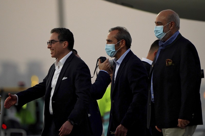 IRAN-USA/DETAINEE Siamak Namazi, Morad Tahbaz and Emad Shargi, who were released during a prisoner swap deal between U.S. and Iran, arrive at Doha International Airport, Qatar September 18, 2023. REUTERS/Mohammed Dabbous