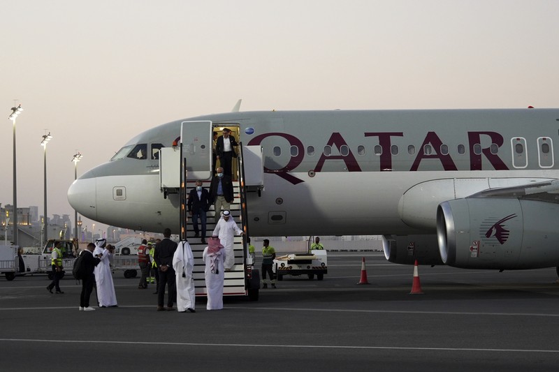 IRAN-USA/DETAINEE Siamak Namazi, Morad Tahbaz and Emad Shargi, who were released during a prisoner swap deal between U.S. and Iran, arrive at Doha International Airport, Qatar September 18, 2023. REUTERS/Mohammed Dabbous
