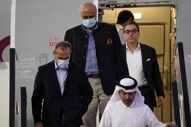 IRAN-USA/DETAINEE Siamak Namazi, Morad Tahbaz and Emad Shargi, who were released during a prisoner swap deal between U.S. and Iran, arrive at Doha International Airport, Qatar September 18, 2023. REUTERS/Mohammed Dabbous
