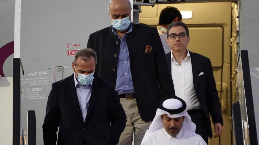 Siamak Namazi, Morad Tahbaz and Emad Shargi, who were released during a prisoner swap deal between U.S. and Iran, arrive at Doha International Airport, Qatar September 18, 2023. REUTERS/Mohammed Dabbous