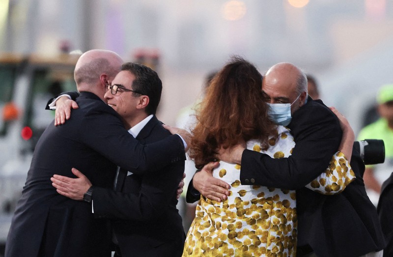 Siamak Namazi, Morad Tahbaz and Emad Shargi, who were released during a prisoner swap deal between U.S. and Iran, arrive at Doha International Airport, Qatar September 18, 2023. REUTERS/Mohammed Dabbous