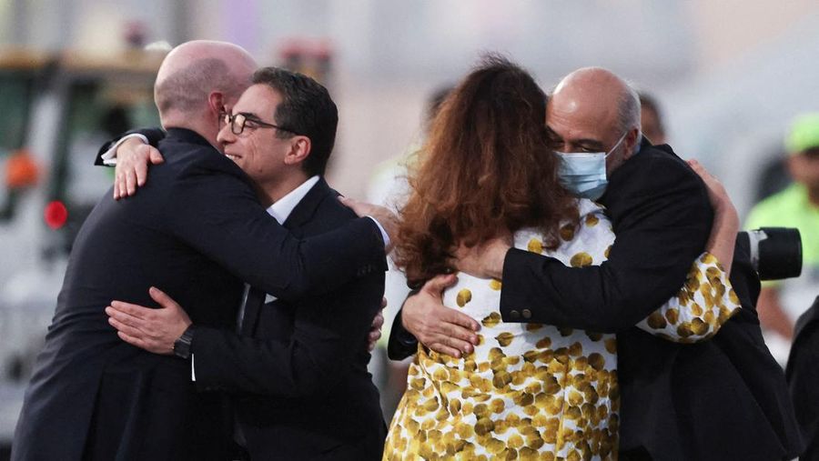 Siamak Namazi, Morad Tahbaz and Emad Shargi, who were released during a prisoner swap deal between U.S. and Iran, arrive at Doha International Airport, Qatar September 18, 2023. REUTERS/Mohammed Dabbous