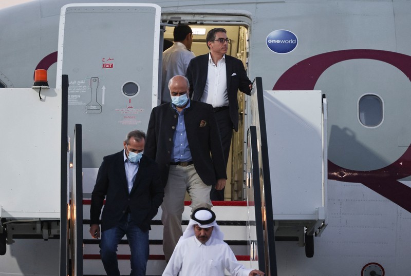 Siamak Namazi, Morad Tahbaz and Emad Shargi, who were released during a prisoner swap deal between U.S. and Iran, arrive at Doha International Airport, Qatar September 18, 2023. REUTERS/Mohammed Dabbous
