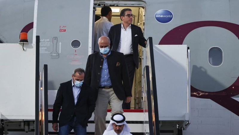 Siamak Namazi, Morad Tahbaz and Emad Shargi, who were released during a prisoner swap deal between U.S. and Iran, arrive at Doha International Airport, Qatar September 18, 2023. REUTERS/Mohammed Dabbous