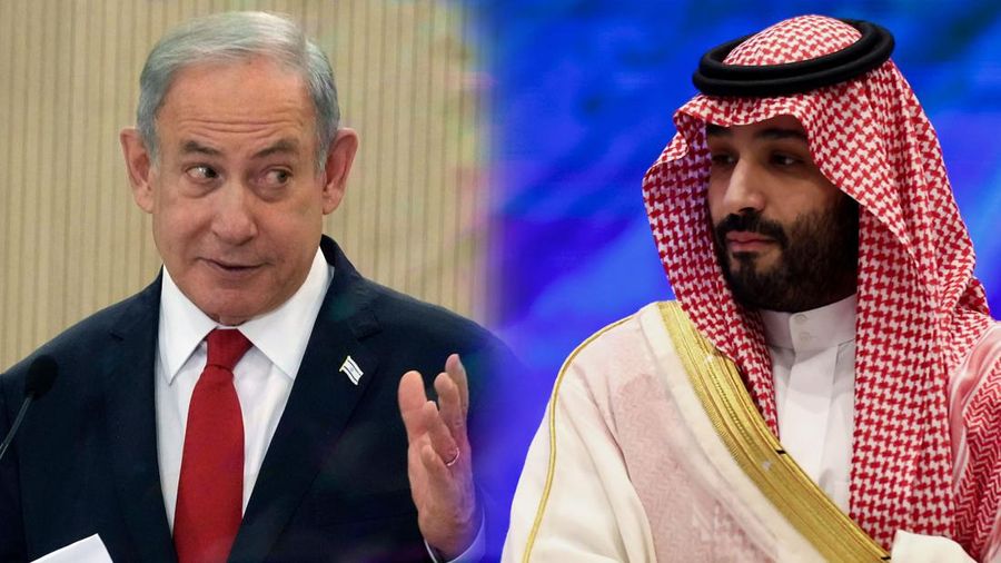 Foto Kolase Perdana Menteri Israel Benjamin Netanyahu dengan Pangeran Mohammed bin Salman (MBS). (Pool AP Photo)