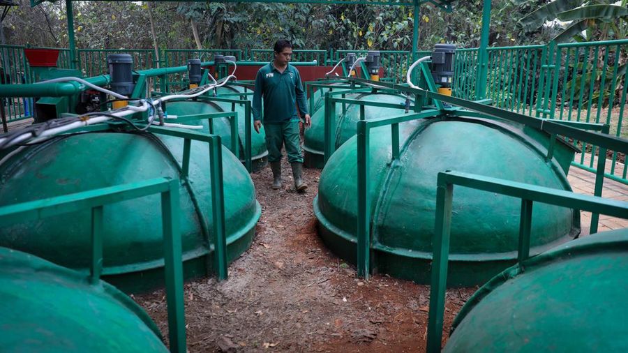 Pencampuran kotoran hewan dan sampah organik sebelum diolah menggunakan mesin Biodigister di Taman Margasatwa Ragunan (TMR), Jakarta, Kamis (21/9/2023). (CNBC Indonesia/Faisal Rahman)