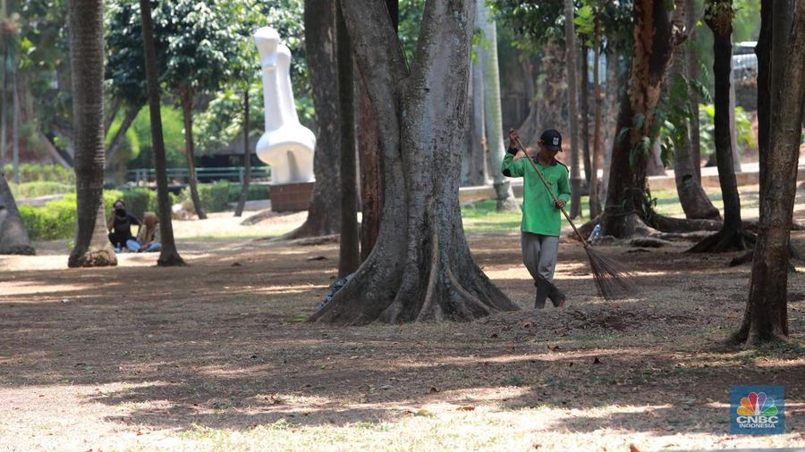 Suasana Taman Langsat salah satu dari sejumlah taman di Jakarta yang mengalami kekeringan saat ini, Rabu (27/9/2023). (CNBC Indonesia/Muhammad Sabki)