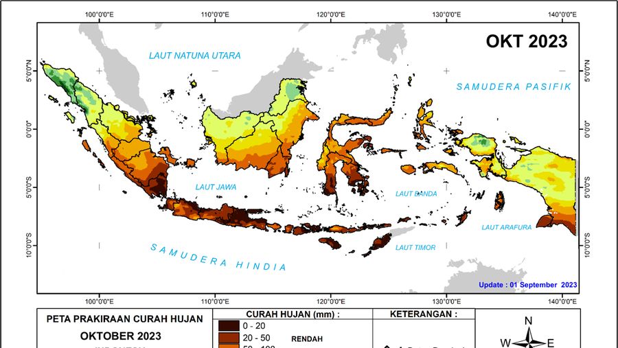 Peta Perkiraan Curah Hujan Oktober 2023 di Indonesia. (Dok. BMKG)