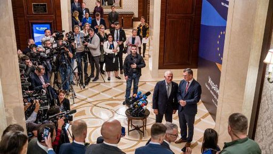This handout photograph taken and released by the Ukrainian Foreign Ministry press-service on October 2, 2023, shows Ukrainian Foreign Minister Dmytro Kuleba (L) and EU High Representative for Foreign Affairs and Security Policy Josep Borrell (R) talking to media prior to the EU-Ukraine Foreign Minister's meeting in Kyiv, amid the Russian invasion in Ukraine. (Photo by Handout / Ukrainian Foreign Ministry press-service / AFP) / XGTY / RESTRICTED TO EDITORIAL USE - MANDATORY CREDIT 