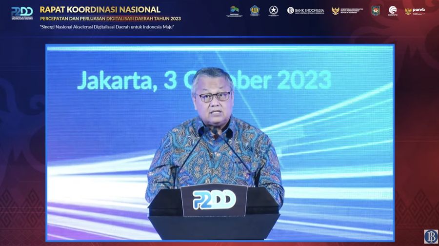 Gubernur Bank Indonesia, Perry Warjiyo dalam Rakornas P2DD Sinergi Nasional Akselerasi Digitalisasi Daerah untuk Indonesia Maju di Grand Sahid Jaya, Jakarta, Selasa (3/10/2023). (Tangkapan Layar Youtube Bank Indonesia)