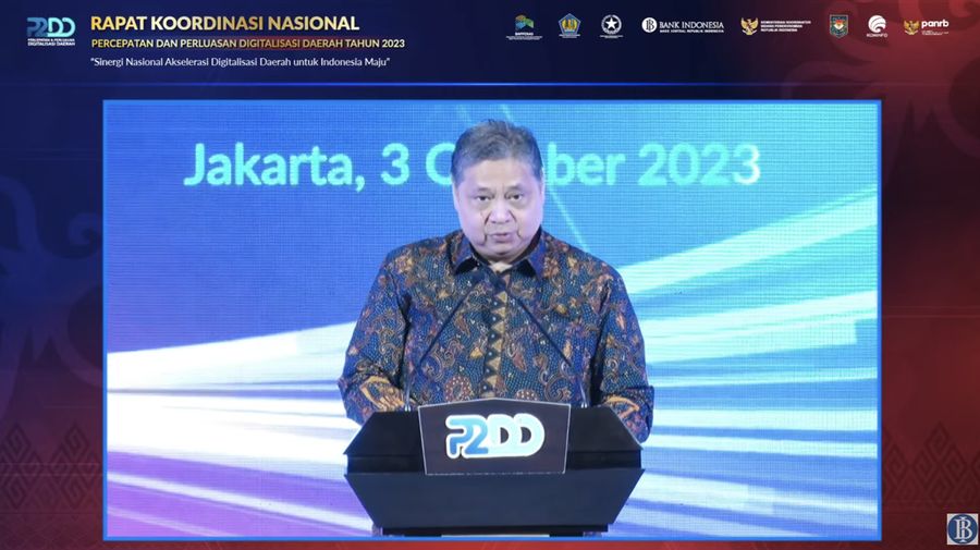 Menteri Koordinator Bidang Perekonomian sekaligus ketua P2DD, Airlangga Hartarto dalam Rakornas P2DD Sinergi Nasional Akselerasi Digitalisasi Daerah untuk Indonesia Maju di Grand Sahid Jaya, Jakarta, Selasa (3/10/2023). (Tangkapan Layar Youtube Bank Indonesia)