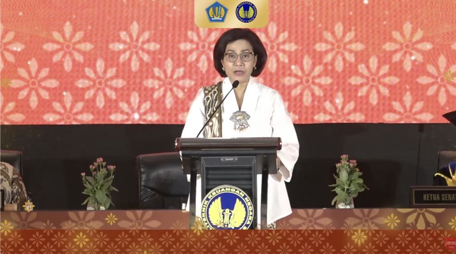 Menteri Keuangan Sri Mulyani Indrawati dalam Wisuda “Adiwiranama” Politeknik Keuangan Negara STAN 2023. (Tangkapan Layar Youtube PKN STAN)