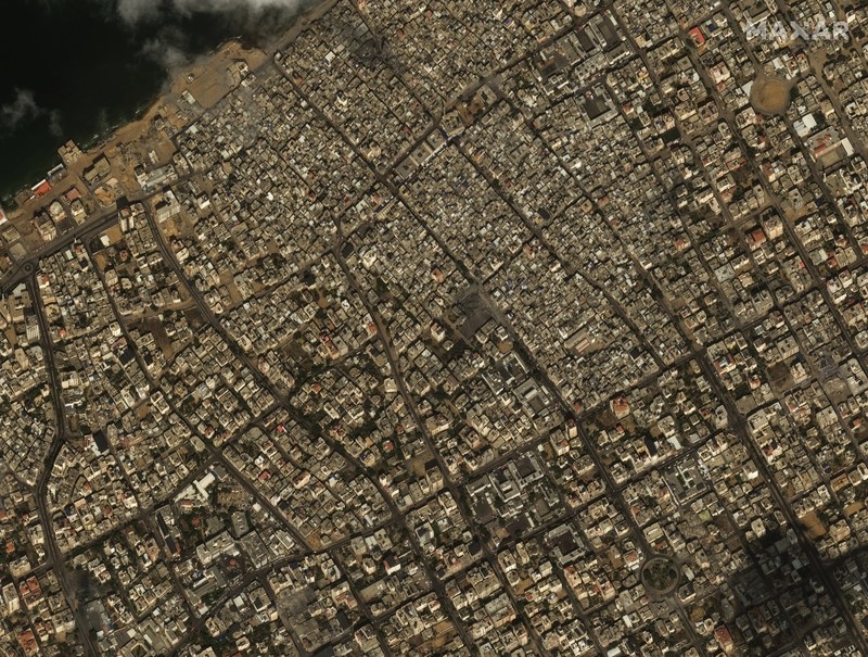 Israel Palestinians This image provided by Maxar Technologies, shows the destroyed Watan Tower in Gaza, Tuesday Oct. 10, 2023. (Satellite image ©2023 Maxar Technologies via AP)