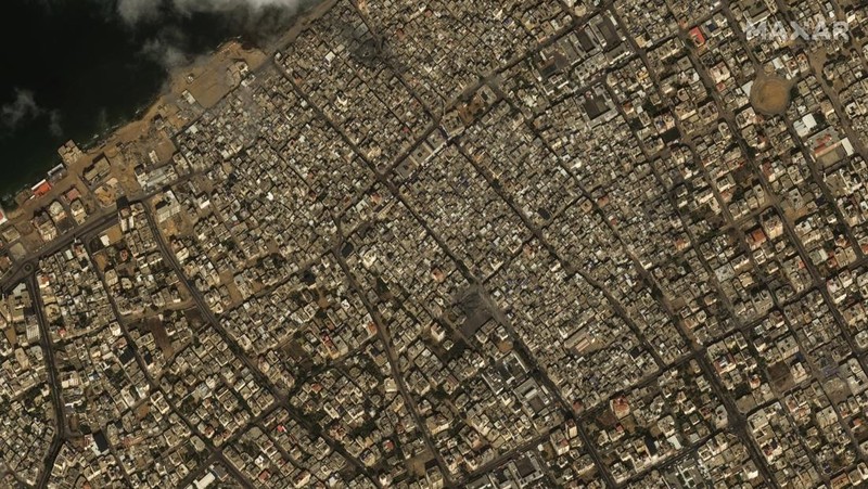 This image provided by Maxar Technologies, shows the destroyed Watan Tower in Gaza, Tuesday Oct. 10, 2023. (Satellite image ©2023 Maxar Technologies via AP)