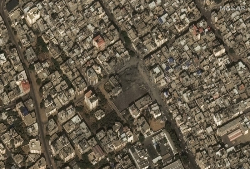 Israel Palestinians This image provided by Maxar Technologies, shows the destroyed Watan Tower in Gaza, Tuesday Oct. 10, 2023. (Satellite image ©2023 Maxar Technologies via AP)