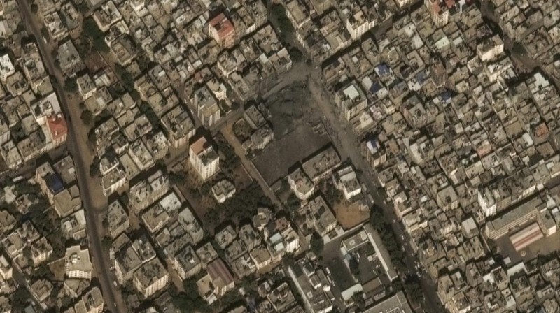 This image provided by Maxar Technologies, shows the destroyed Watan Tower in Gaza, Tuesday Oct. 10, 2023. (Satellite image ©2023 Maxar Technologies via AP)