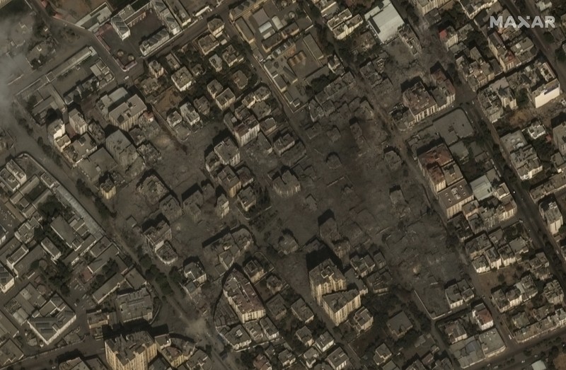 Israel Palestinians This image provided by Maxar Technologies, shows the destroyed Watan Tower in Gaza, Tuesday Oct. 10, 2023. (Satellite image ©2023 Maxar Technologies via AP)