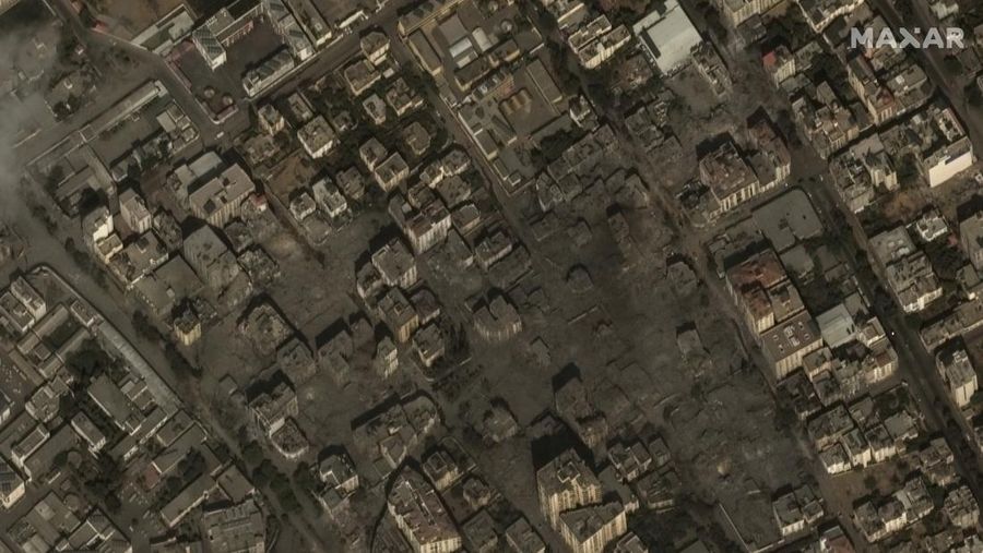 This image provided by Maxar Technologies, shows the destroyed Watan Tower in Gaza, Tuesday Oct. 10, 2023. (Satellite image ©2023 Maxar Technologies via AP)