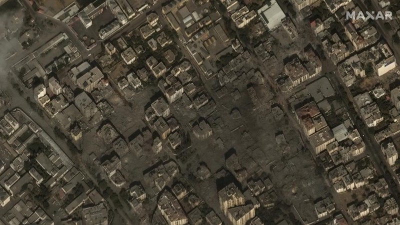 This image provided by Maxar Technologies, shows the destroyed Watan Tower in Gaza, Tuesday Oct. 10, 2023. (Satellite image ©2023 Maxar Technologies via AP)