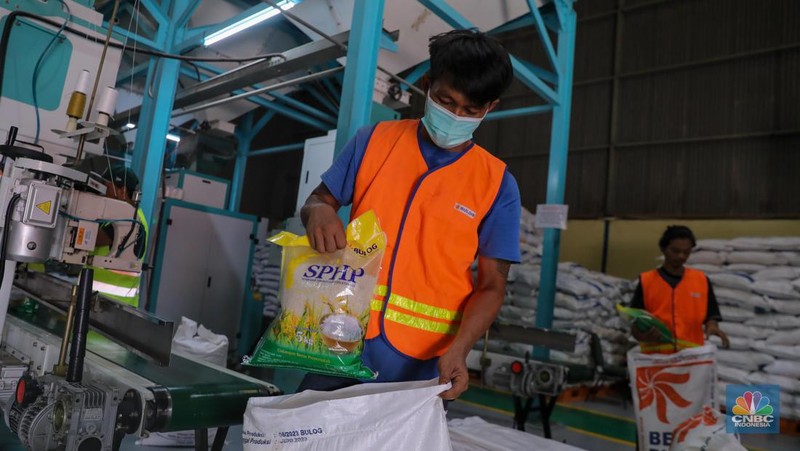 Pekerja melakukan pengemasan beras stabilisasi pasokan dan harga pangan (SPHP) di gudang Bulog Kanwil Jakarta Banten di Kelapa Gading, Jakarta Utara, Selasa (17/10/2023). Beras SPHP bertujuan untuk menurunkan harga beras di pasaran. (CNBC Indonesia/Faisal Rahman)