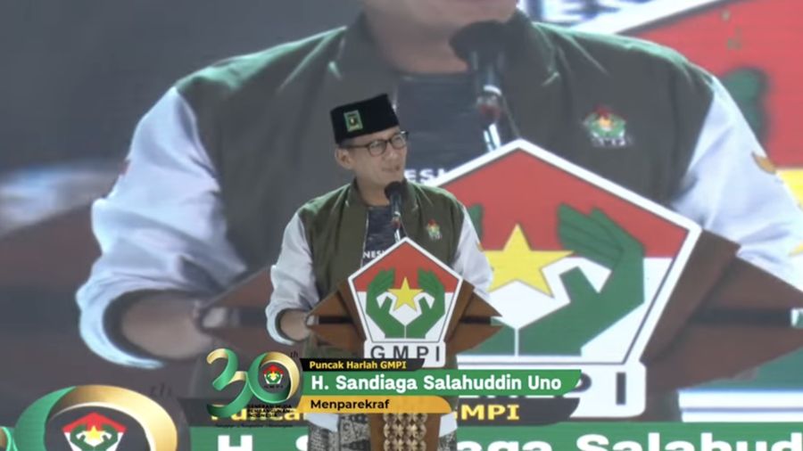 Menteri Pariwisata dan Ekonomi Kreatif, Sandiaga Uno dalam acara puncak Harlah GMPI ke-30, Kamis (19/10/2023). (Tangkapan layar Youtube PP GMPI)