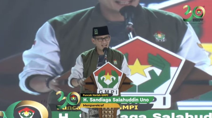 Menteri Pariwisata dan Ekonomi Kreatif, Sandiaga Uno dalam acara puncak Harlah GMPI ke-30, Kamis (19/10/2023). (Tangkapan layar Youtube PP GMPI)