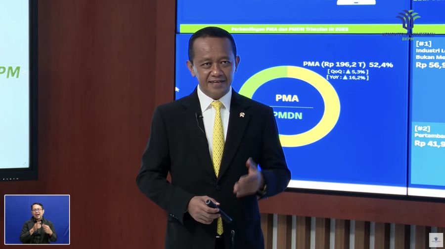 Menteri Investasi/Kepala Badan Koordinasi Penanaman Modal (BKPM) Bahlil Lahadalia menyampaikan data capaian realisasi investasi Triwulan III (Juli-September) Tahun 2023. (Tangkapan Layar Youtube Kementerian Investasi - BKPM)
