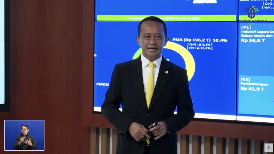 Menteri Investasi/Kepala Badan Koordinasi Penanaman Modal (BKPM) Bahlil Lahadalia menyampaikan data capaian realisasi investasi Triwulan III (Juli-September) Tahun 2023. (Tangkapan Layar Youtube Kementerian Investasi - BKPM)
